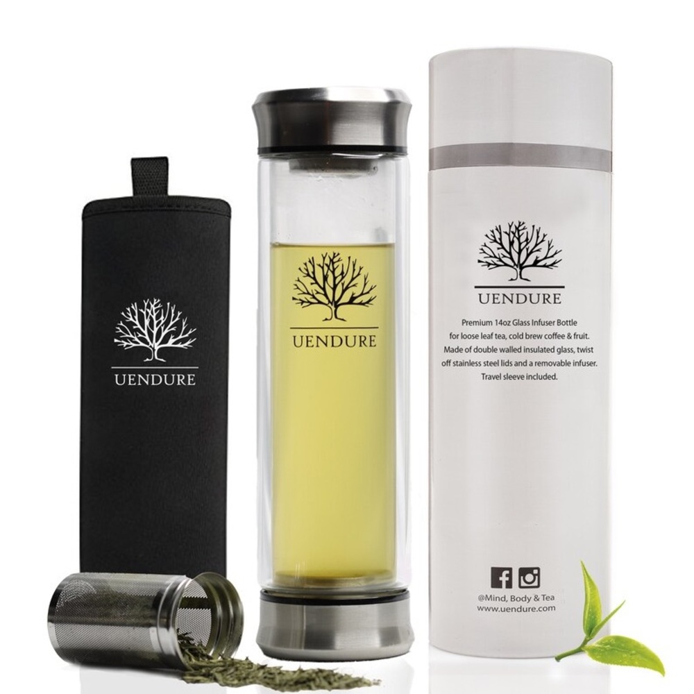 🌿 UENDURE Glass Tea Infuser Bottle – 14oz Travel Tumbler (New in Box)